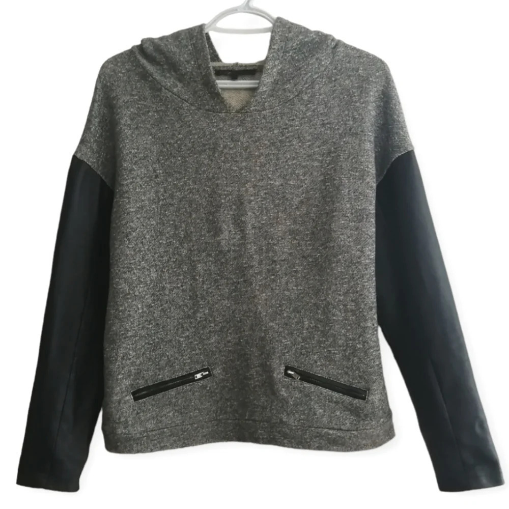 Maje French Terry Hoodie Sweatshirt With Black Leather Sleeves Maje 2 or Medium